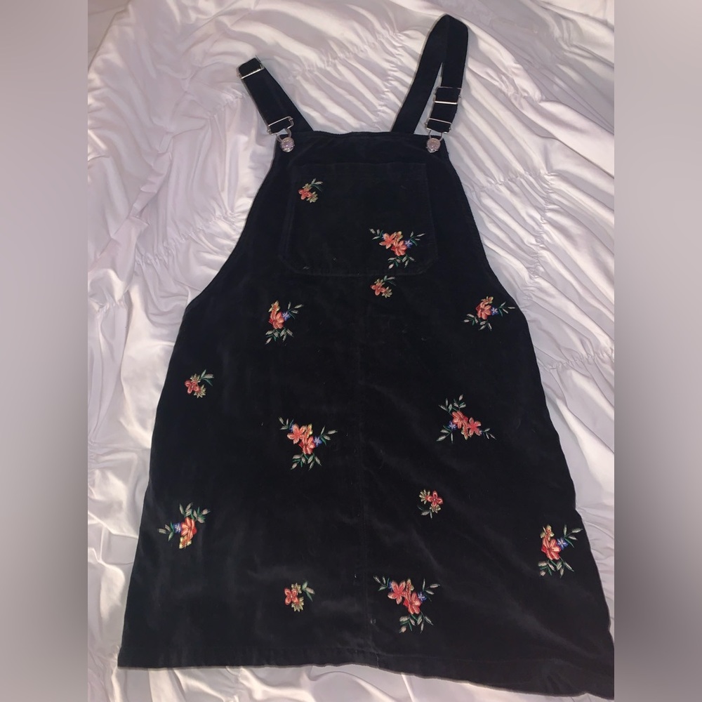 Top shop Black Velvet Overalls Dress with Embroidery